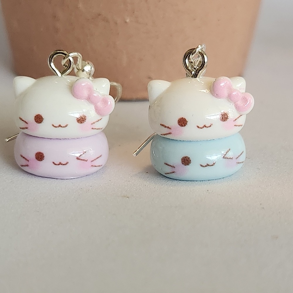 Pastel Blue & Purple Cat Drop Earrings Kitty Bow Dangle Jewelry‎ Handmade 1.5"